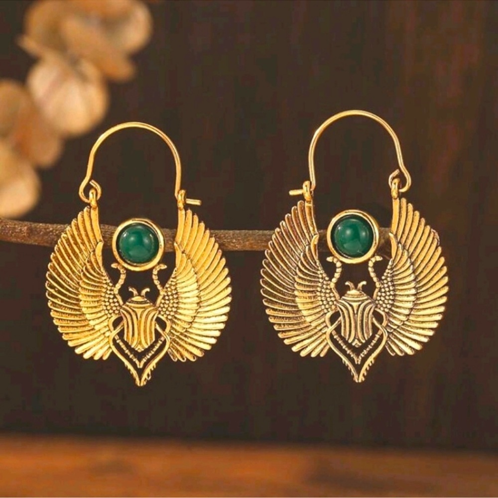 Anthropologie Gold and Green Winged Earrings - Picture 2 of 4